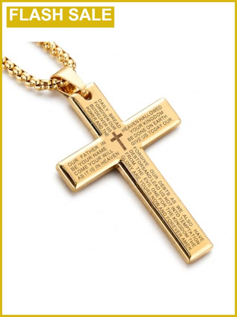 Men's Stainless Steel Cross Necklace Lord's Prayer Engraved Box Chain Religious